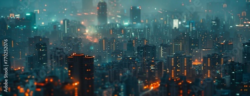 a cityscape with a lot of tall buildings at night time with lights on them