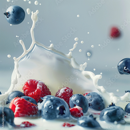 Blueberry and raspberry with milk splash. Abstract yogurt  splash with blueberries and raspberries. Close-up tasty berries are splashing in milk dessert. Berries in cream milkshake photo