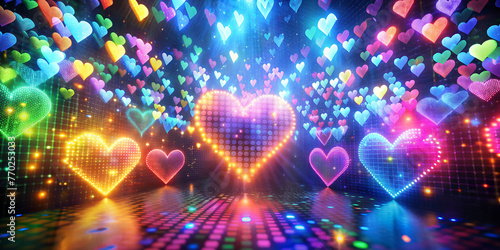 Vibrant pixelated hearts dancing across the screen with neon grow