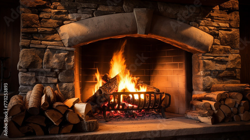 warm house with fireplace. fire in a fireplace with logs and flames