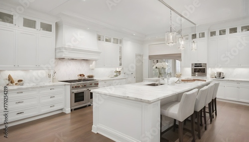 beautiful modern light and bright white kitchen with center island and white cabinetry