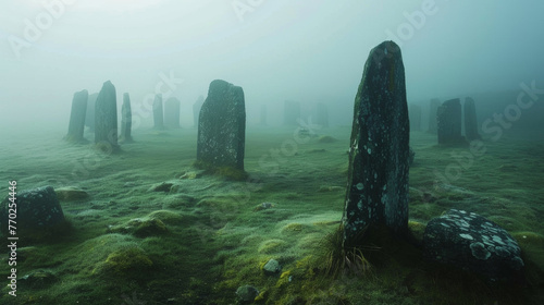 Within the fogshrouded moors ancient stone ruins hold the secrets of a longforgotten civilization. . . photo