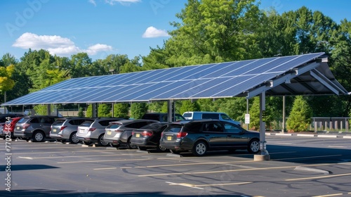 In the parking lot covered solar panel awnings provide shade for cars while also supplying energy for the schools electric vehicles. . . photo