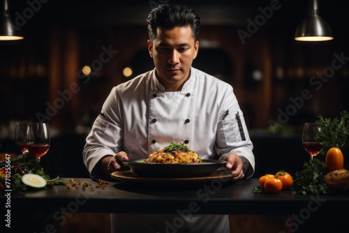 Male chef serves expensive food beautifully on a plate, delicious restaurant food menu