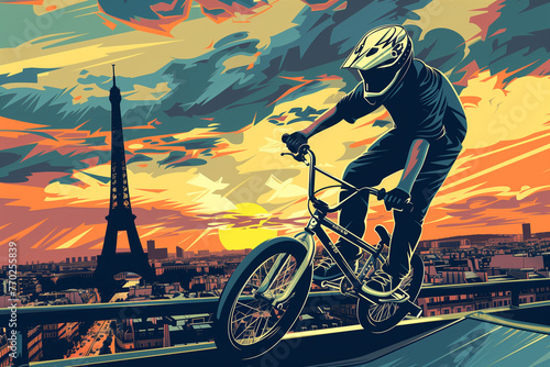 Olympic Games in Paris, BMX freestyle athlete practicing tricks and Eiffel Tower in the background, Colorful digital artwork. generative ai
