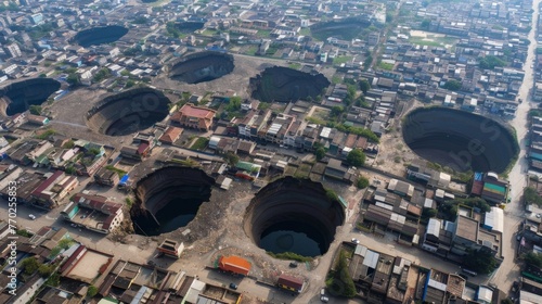 A birds eye view of a city with multiple sinkholes tered throughout the landscape almost like a game of pick a spot and see if theres a sinkhole there. photo