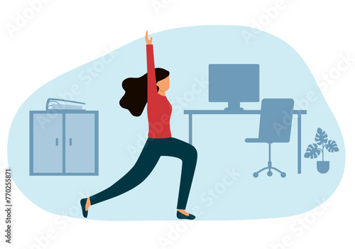 Businesswoman doing exercise in office concept vector illustration. Office syndrome prevention. Stretching exercise.