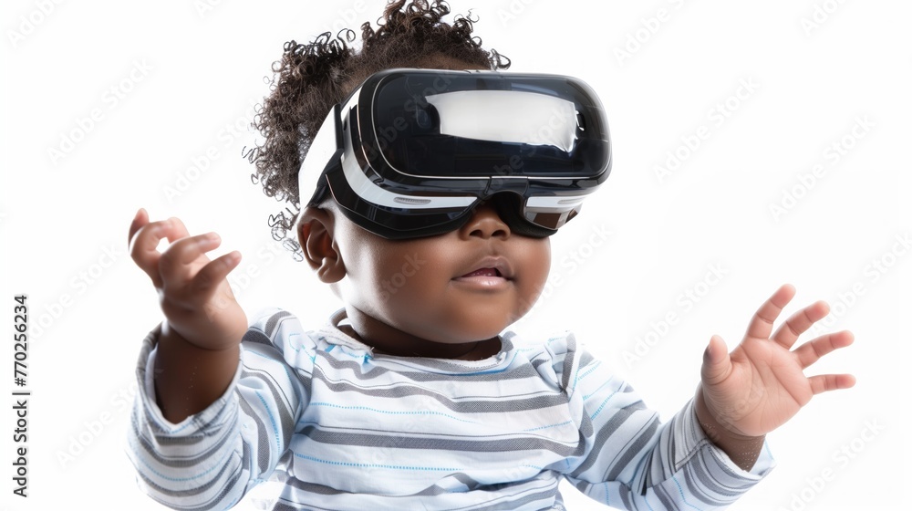 Photo of a cute chubby african-american black baby girl, wearing technologic VR glasses, on white background Photo of a cute chubby african-american black baby girl, wearing technologic VR glasses, on white background