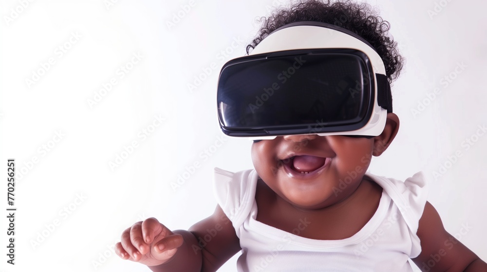 Photo of a cute chubby african-american black baby girl, wearing technologic VR glasses, on white background Photo of a cute chubby african-american black baby girl, wearing technologic VR glasses, on white background