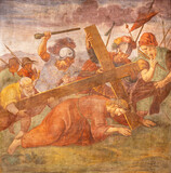 MILAN, ITALY - MARCH 4, 2024: The fresco Jesus fall under the cross in the church Chiesa di Santa Maria alla Fontana by unknown artist. 