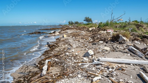 Piles of debris and wreckage tered along a once pristine shoreline. photo