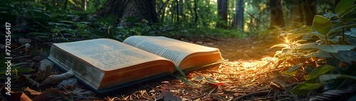 Inspirational books illuminating paths in a forest, guiding mom on a journey of discovery , stock photographic style