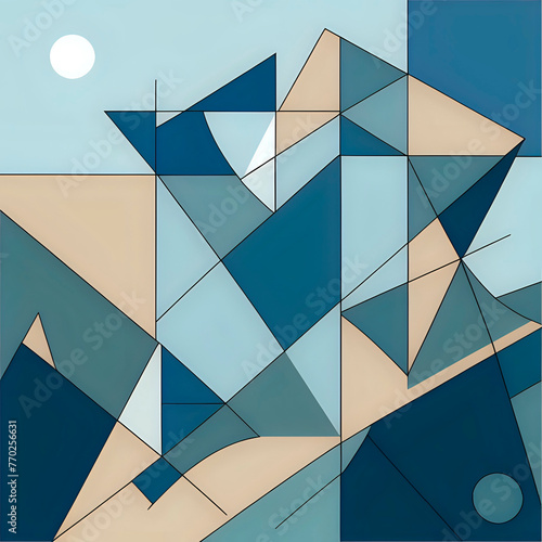 digital cubist art painting depicting a landscape made of overlapping geometric planes and shapes in muted bluish hues-generated by ai