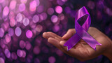 October Breast Cancer Awareness month, Woman is holding a purple Ribbon in hand for supporting people living and illness. Healthcare, International Women day and World cancer day concept.