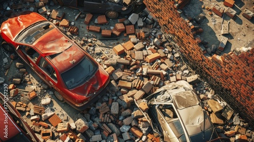 A flattened parking lot with cars crushed and buried under piles of fallen bricks and debris.