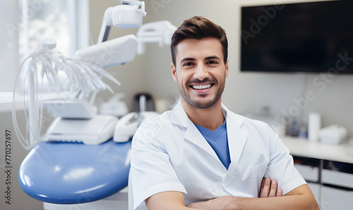 Cheerful handsome man dentists posing in treatmen photo