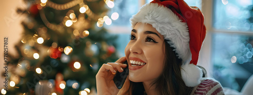 Cheerful young woman in santa hat video callin photo