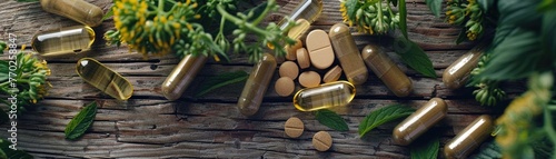 A Natural herbal supplements scattered on a wooden surface alongside green photo