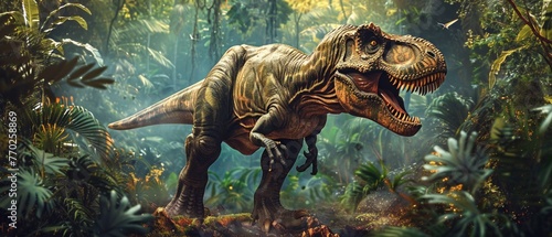 A realistic depiction of a Tyrannosaurus Rex roaming through a dense prehistoric forest