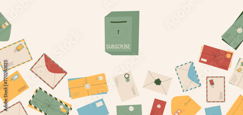 Creative style handwritten letter subscribe illustration, cartoon greeting post card newsletter background, trendy craft postcard social media template, flat paper envelope design for promotion.