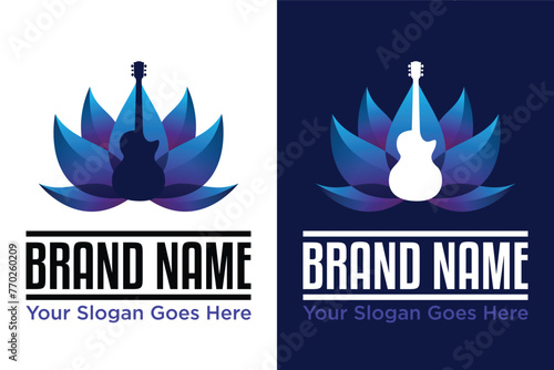 modern guitar lotus flower illustration vector logo design