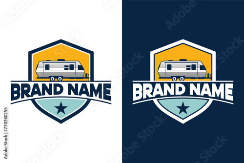 simple Adventure RV Trailer Camper shield illustration vector logo design