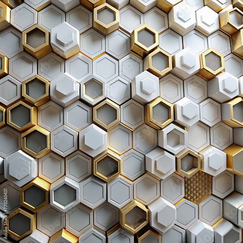 Fototapeta Naklejka Na Ścianę i Meble -  Futuristic 3D geometric pattern composed of hexagons with a luxurious white, gray and gold color resembling an intricate mosaic