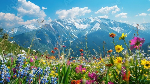 A tranquil alpine meadow, with snow-capped peaks towering in the distance and colorful wildflowers blooming in the foreground © Sundas