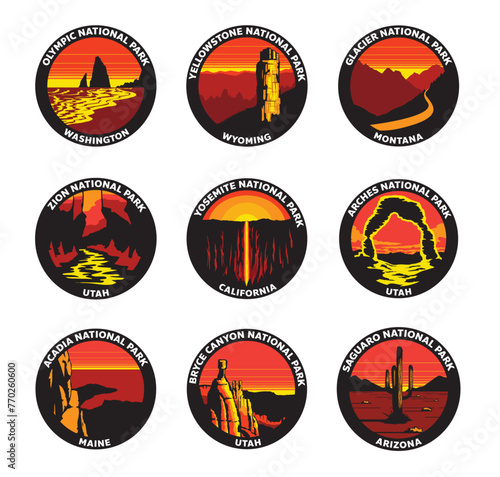 National Park North American Vector Badge Sunset Landscape Set photo