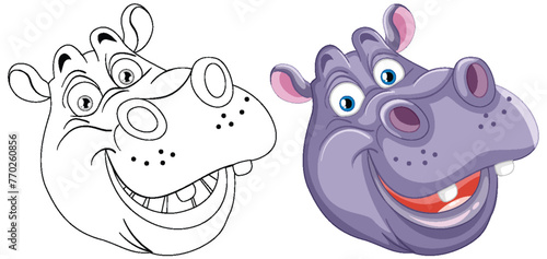 Two illustrations of a cheerful cartoon hippopotamus