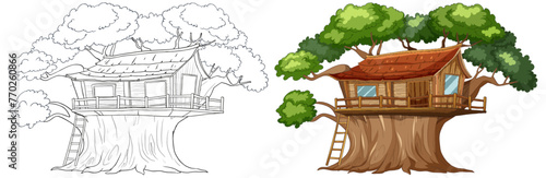 Sketch and colored illustration of a treehouse