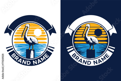 emblem pelican standing on the pier illustration vector logo design