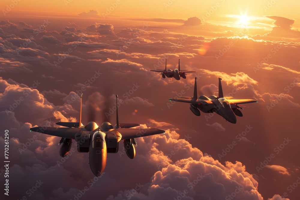 Jet fighter with sunset view - obrazy, fototapety, plakaty 