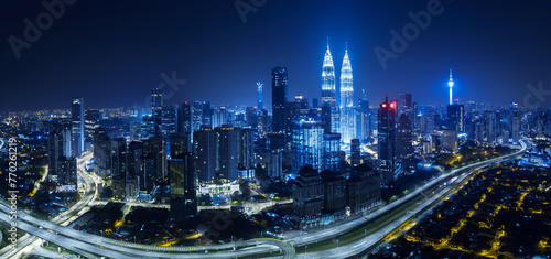 Panorama aerial view in the middle of Kuala Lumpur cityscape skyline .Night scene . photo