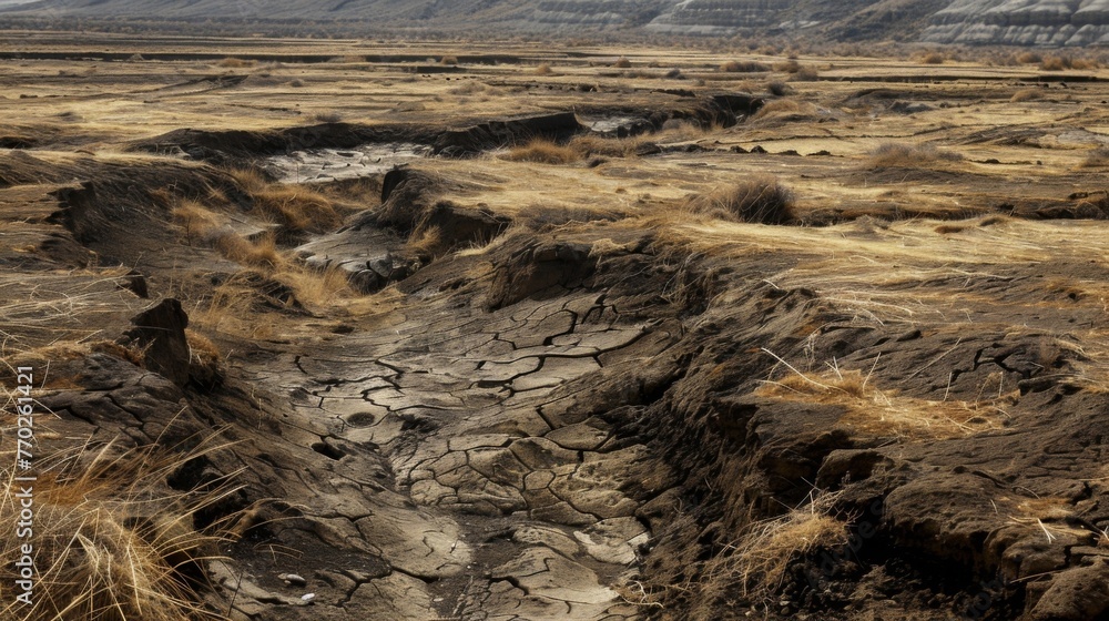 The landscape is dotted with erosion scars where the acidic rain has