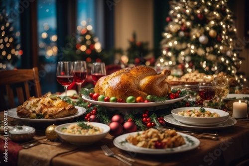 dinner dishes on the table to celebrate Christmas Day with Christmas tree decoration © free
