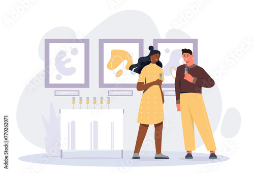 Art exhibition concept. Man and woman near pictures. Citizens with cultural rest and leisure. Visitors and people in miseum and gallery. Cartoon flat vector illustration isolated on white background