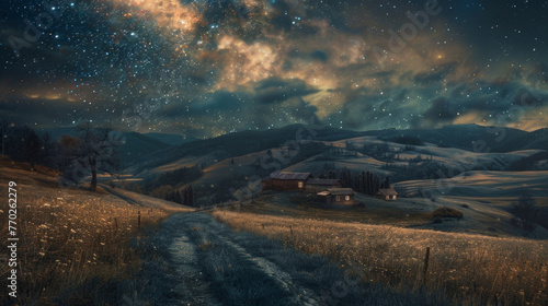 Wispy clouds drift across the starspeckled sky as a rustic path leads through a cozy village nestled in the hills. . . photo