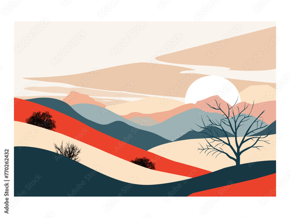 abstract landscape poster nature wall decor contemporary art print mid century mountain background vector illustration minimalist great plains colorful design
