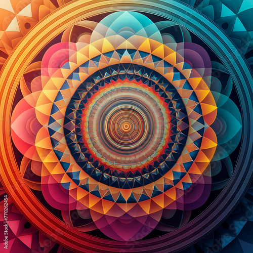 abstract digital art composed of overlapping circles and polygons creatively arranged and layered, rendered in psychedelic colors for a mathematical and optical illusion effect-generated by ai