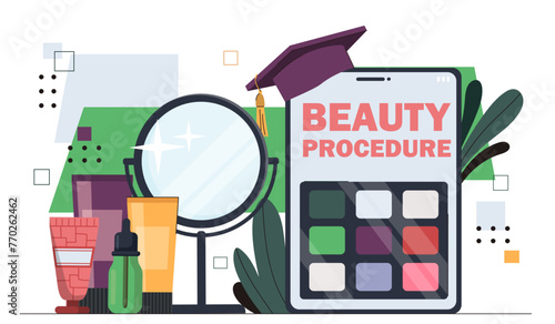 Beauty procedure concept. Make up and cosmetics products with mirror and palette, foundation. Face and skin care. Beauty, aesthetics and elegance. Cartoon flat vector illustration