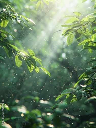 Random rays of sunlight piercing vibrant, photorealistic forest canopy, closeup on foliage ,ultra HD,clean sharp focus