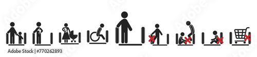 Bundle set icon for safety and security sign on an escalator, for mall, airport, indoor moving stairs label  photo