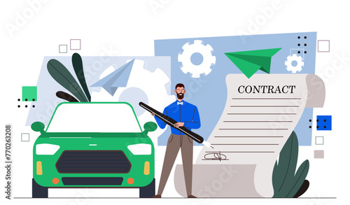 Man buying car concept. Young guy with pencil near contract and green automobile. Auto dealer sell transport. Customer and client. Cartoon flat vector illustration isolated on white background