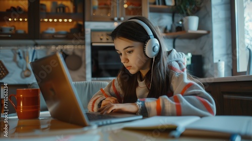 Serious busy high school student teenage girl in wireless headphones studying at home, writing notes, sitting at kitchen table, using laptop, watching video class, learning webinar.