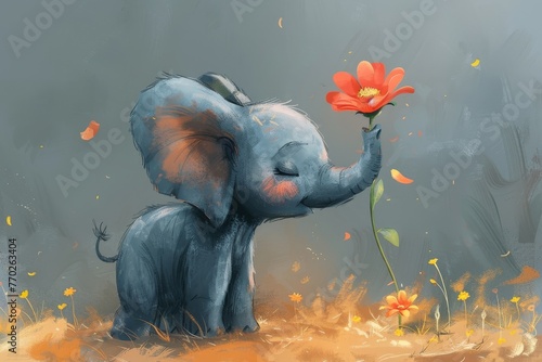 This cute baby elephant has a flower in his trunk as he holds it.