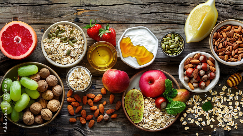 Various Ingredients for a Nutritious Breakfast Spread on Wooden Table Various Ingredients for a Nutritious Breakfast Spread on Wooden Table