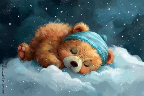 This illustration depicts a cute baby bear sitting on a cloud wearing a striped night cap. photo