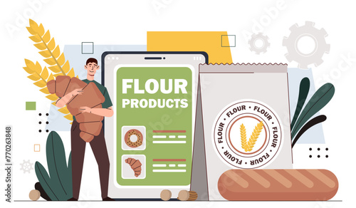 Man with flour products concept. Young guy with croissant and bread, loaf and baguette. Bakery and homemade pastry products. Cartoon flat vector illustration isolated on white background