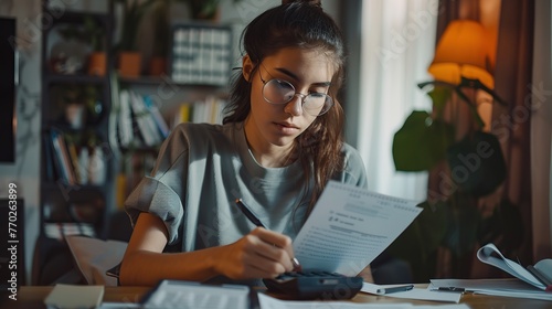 Young latin female work with financial papers at home count on calculator before paying taxes receipts online by phone. Millennial woman planning budget glad to find chance for economy saving money. photo